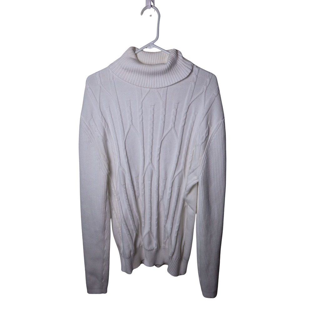 White Cable Knit Turtleneck Sweater Ribbed Long Sleeve Pullover Top Excellent